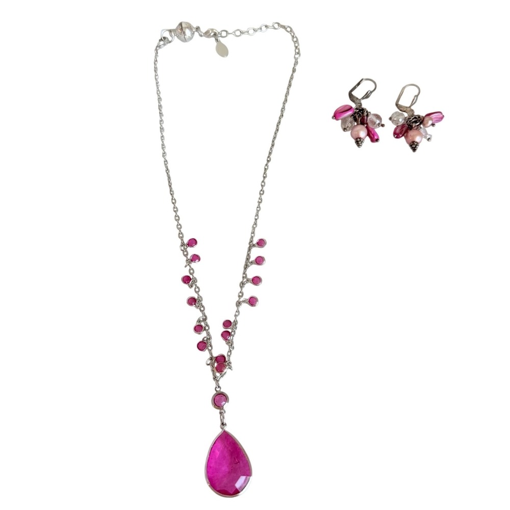 Robert Rose Necklace and Earring Set Women OS Pink Silver Tone Teardrop Boho